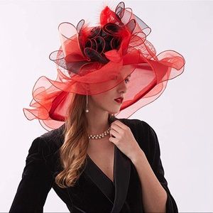 Elegant Red Wide-Brim Organza Hat with Feather Accents